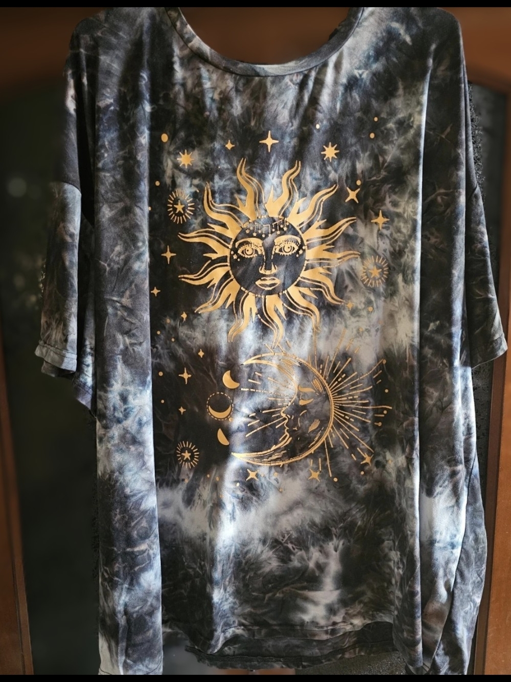 SHEIN Black & White Tie-Dye Short Sleeve Tee with Gold Sun & Moon Graphic